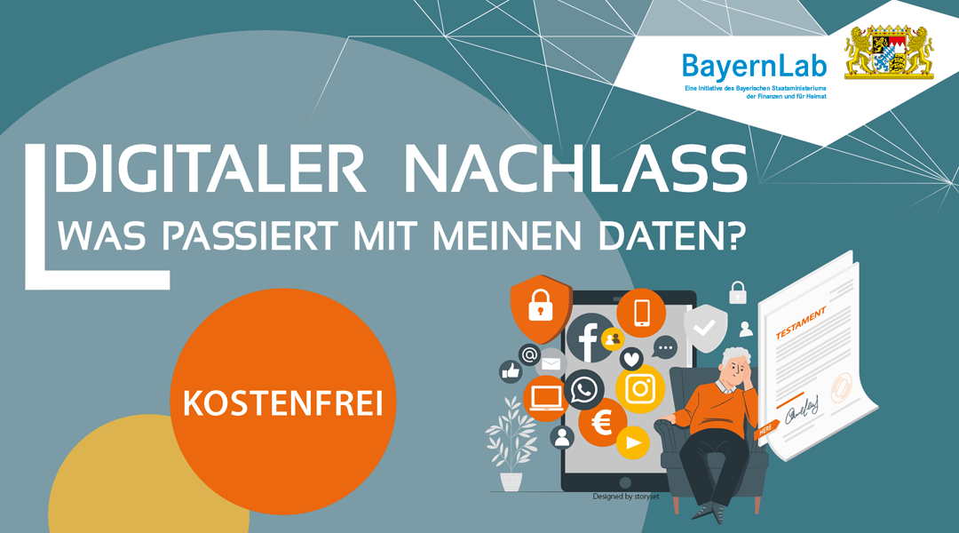 Digitaler Nachlass - Was passiert mit meinen Daten? Vor grauem Hintergrund eine Grafik mit einem Mann auf einem Sessel, der auf ein Testament schaut. Viele kleine Symbole zu digitalen Themen schwirren um ihn herum.