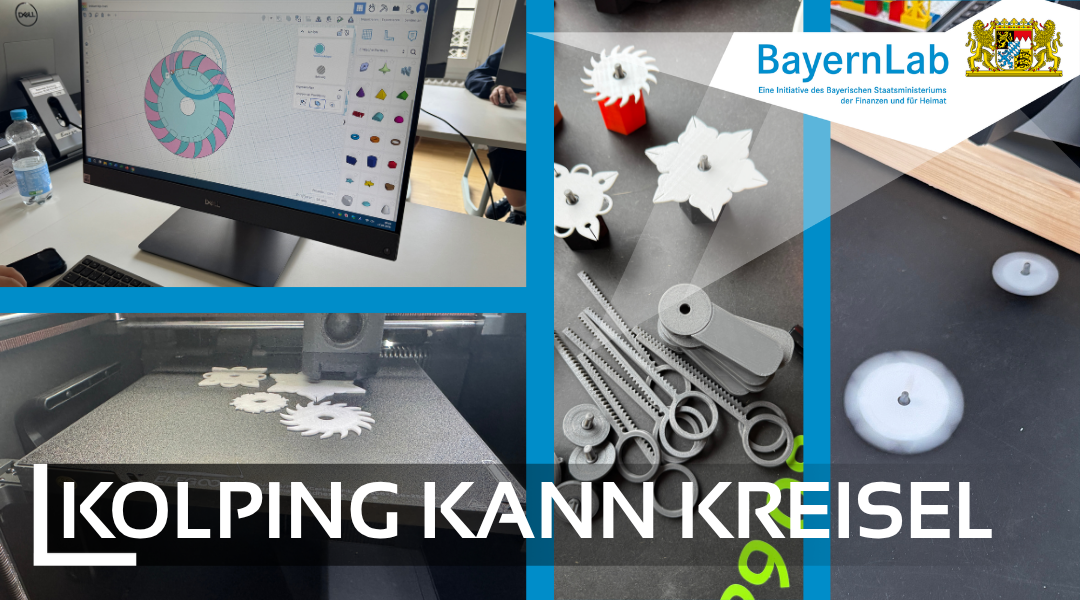 4 Fotos, mit mehreren kurzen Eindrücken zum 3D-Druck eines Kreisels. Erst wird die CAD-Datei in TinkerCAD erstellt, dann gedruckt, aufgebaut und am Ende ausprobiert.